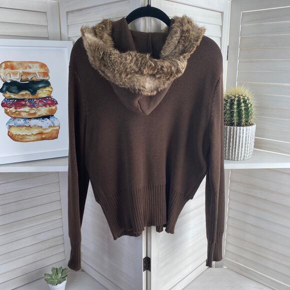 Nine & Co brown full zip sweater jacket with rabbit fur hood size large - Picture 7 of 8